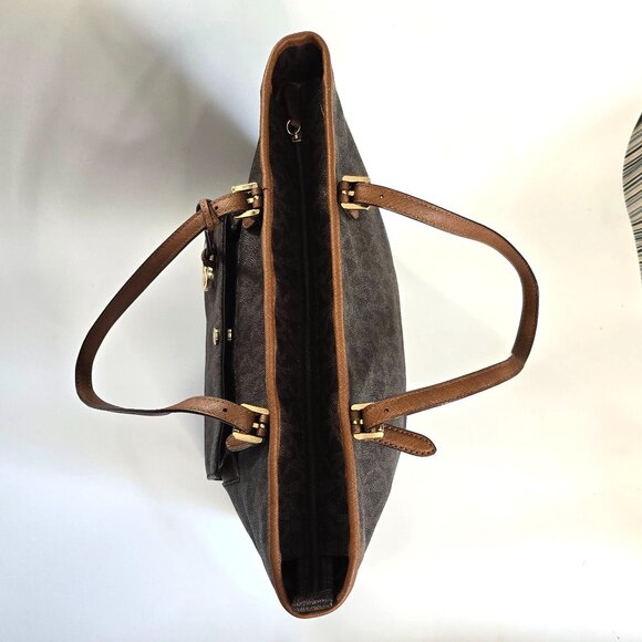 Michael Kors Jet Set Monogram Coated Canvas Tote LG Brown/Tan Front Snap Pocket - Picture 6 of 16